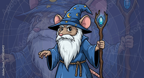 mouse wizard with a crystal staff casting spells a magical rodent in a blue robe evoking fantasy adventures for childrens books and games
