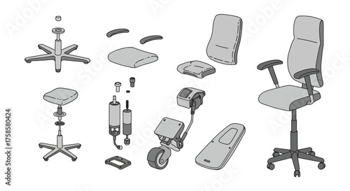 office chair parts exploded view of a modern ergonomic office chair for furniture assembly  design projects offering customizable comfort  support