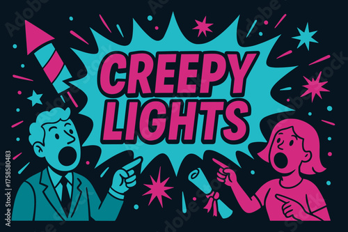 Creepy Lights Burst. Creepy Lights banner, flat vector illustration, bold oversized text inside comic burst, cartoon characters shouting and pointing, holding