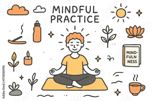 Mindful Meditation Doodle. Mindful Practice. Hand-drawn doodle illustration mindful practice person meditating (accented), yoga mat, lotus pose (accented),