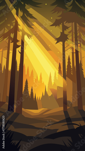 Golden sunbeams pierce through a dense forest canopy
