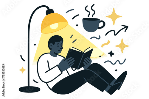 Evening Serenity Reading. Evening unwind. A person reading under a glowing lamp with abstract floating shapes of tea and stars. Peaceful transition from work