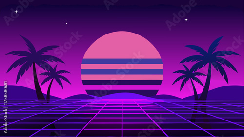 Retro sunset over digital landscape with palm trees