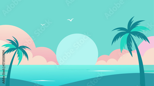 Minimalist tropical beach sunset with palm trees and ocean