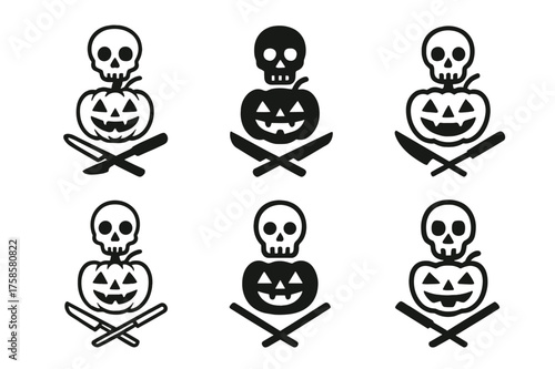 Halloween Logos Grid. Pumpkin Carving and Halloween Preparations. Set Logo of Pumpkin Carving and Halloween Preparations: skull. harmonious logo variations of