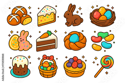Easter Food Icons. Easter food. Colorful isometric vector icons set of Easter food: hot cross buns, Easter cake slice, chocolate bunny, dyed eggs in nest,