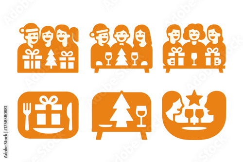 Festive Celebration Logos. A group of friends celebrating the holidays together with gifts and laughter. Set Logo of festive dinner table: Stylized detail,