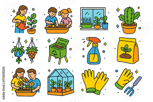Family Indoor Gardening. Colorful isometric vector icons set of family gardening indoors: watering plants, kids planting seeds, herbs on windowsill, potted