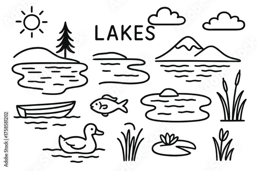 Lakeside Doodle Icons. Lakes. Hand-drawn doodle illustration lakes calm lake, rippling water, shoreline, pine tree, mountain reflection, small boat, fish,