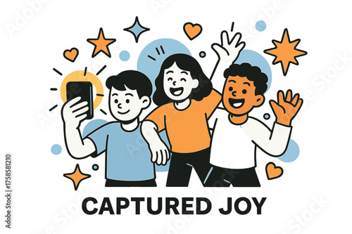 Glowing Friendship Moment. Documenting childhood friendships. Character taking glowing photo with friends,