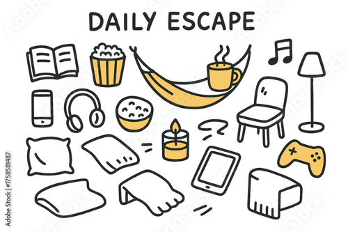 Serene Escape Icons. Daily Escape. Hand-drawn doodle illustration daily escape hammock (accented), book, coffee cup (accented), smartphone,