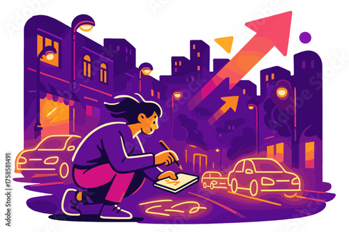 Cityscape Sketch in Motion. Artist?s perspective. A character crouched at street level sketching glowing