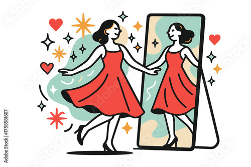 Glow of Elegance. Evening try-on. A glowing figure twirling in front of a mirror with a new dress, abstract floating stars, sparkles, and hearts symbolizing