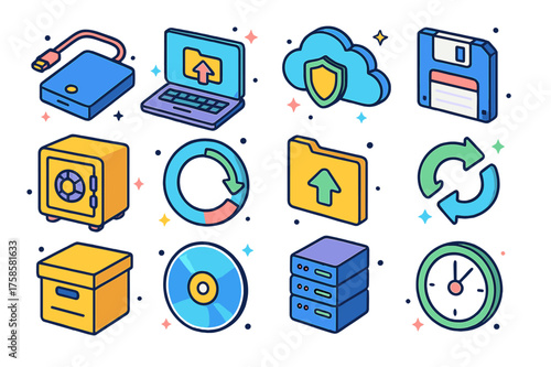 Colorful Backup Icons. Colorful isometric vector icons set of online backup: external hard drive, laptop backup, cloud with shield, floppy disk, safe vault,