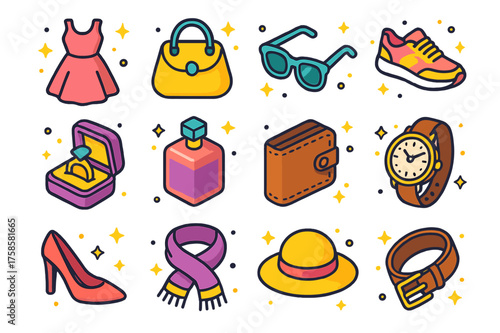 Colorful Fashion Icons. Fashion goods. Colorful isometric vector icons set of fashion goods: dress, handbag, sunglasses, sneakers, jewelry box, perfume bottle,