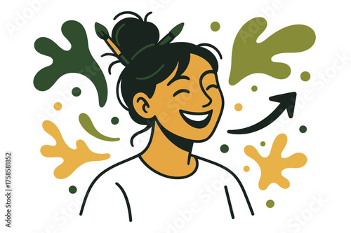 Creative Artist Scene. Creative Mood. An artist with paintbrushes tucked into her messy bun, smiling. Floating paint splashes and tiny color dots circling