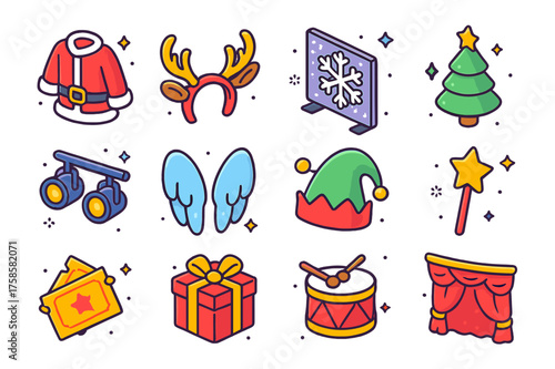 Festive Icon Collection. Colorful isometric vector icons set of holiday performances: Santa costume, reindeer antlers, snowflake backdrop, Christmas tree prop,