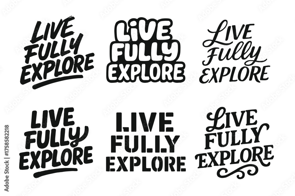 Fototapeta premium Creative Lettering Grid. Live fully explore. Set lettering. harmonious lettering variations of the same emblematic concept (Dynamic brushstroke graffiti