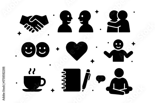 Trusting Conversation Icons. Trusting Conversation. Solid icons set of Trusting Conversation: Hand Holding, Eye Contact, Hug, Leaning Forward, Smiling Faces,