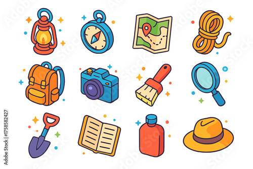 Colorful Exploration Tools Icons. Exploration tools. Colorful isometric vector icons set of exploration tools: lantern, compass, map, rope, backpack, camera,
