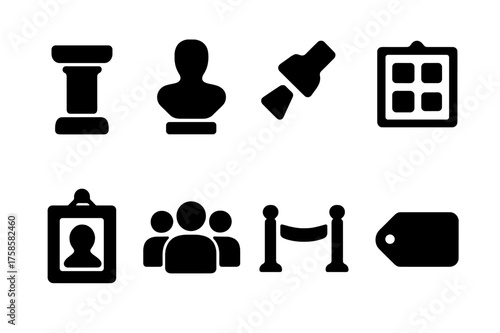 Exhibition Icon Set. Exhibition. Filled icon set of Exhibition: pedestal, sculpture, spotlight, gallery wall,