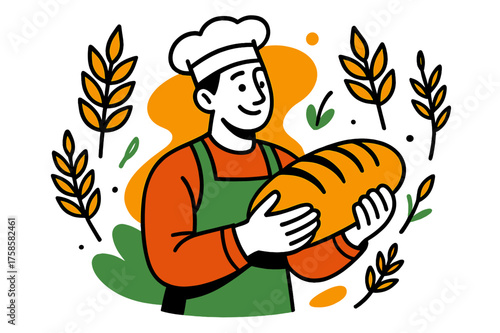 Nourishing Wheat Artistry. Bread from Wheat. A baker holding bread, with glowing wheat stalks floating around as symbols of nourishment. Abstract shapes