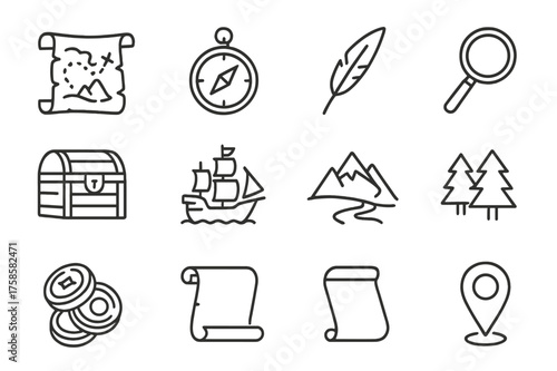 Old Map Icon Set. Old map. Line icon set of Old map: parchment map, compass, quill, magnifying glass, treasure chest, ship, mountains, river, forest, old