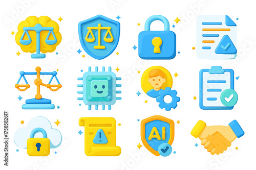 Ethical AI Icon Set. 3D icons set of ethical AI in cybersecurity: AI brain with scales of justice, shield with fairness symbol, privacy lock, ethical
