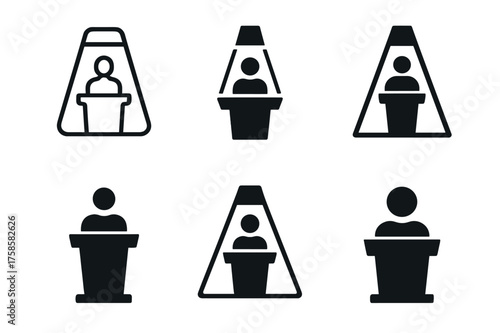 Dynamic Workshop Logos. Webinars and workshops. Set Logo of Webinars and workshops: Presenter at podium with spotlight. harmonious logo variations of the same