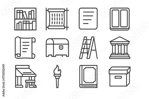 Ancient Library Icons. Ancient libraries. Line icon set of Ancient libraries: bookshelf, scroll rack, clay tablet, wax tablet, papyrus roll, wooden chest,