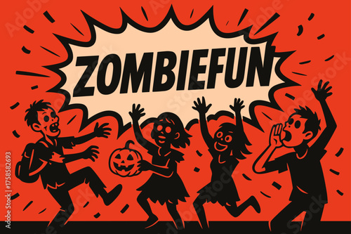 Zombie Fun Festivity. ZombieFun banner, flat vector illustration, bold oversized text inside comic burst, cartoon characters dancing and shouting at banner,