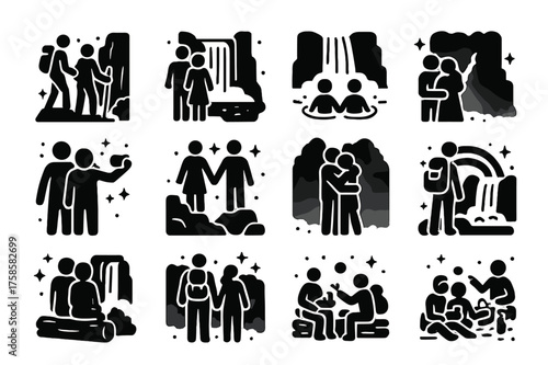 Waterfall Couples Icons. Couples at waterfalls. Solid icons set of couple hiking to waterfall, couple standing near cascade, couple swimming below waterfall,