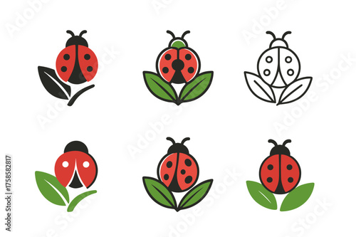 Ladybug Logo Variations. Pollinators. Set Logo of Nature: ladybug on leaf. harmonious logo variations of the same emblematic concept, each with different