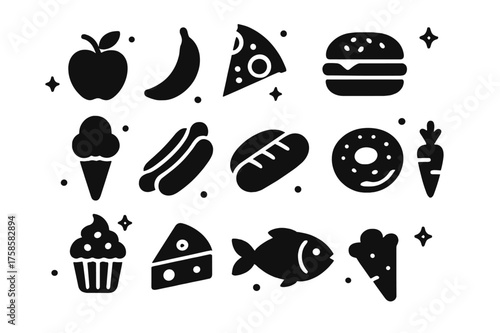 Black Food Icons. Food. Solid icons set of food: apple, banana, pizza slice, burger, ice cream cone, hot dog, bread loaf, donut, cupcake, cheese wedge, fish,