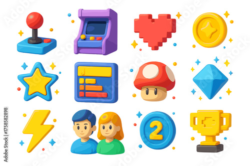 Arcade Icons Collection. Arcade co-op. 3D icons set of arcade co-op: retro joystick, arcade machine, pixel heart, glowing coin, neon star, leaderboard,