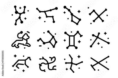 Constellation Icons Grid. stellar constellations. Solid icons set of stellar constellations: Orion, Ursa Major, Ursa Minor, Cassiopeia, Leo, Scorpius, Taurus,