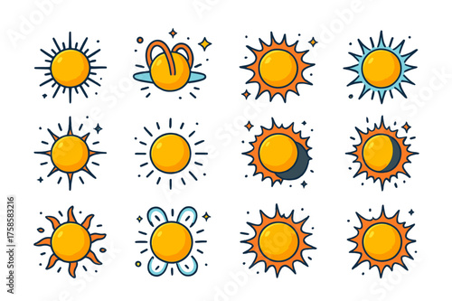 Colorful Solar Corona Icons. Solar corona. Colorful isometric vector icons set of solar corona: corona rays, coronal loops, extended corona, polar corona,