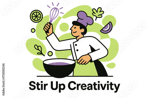 Creative Cooking Magic. Cooking tools and gadgets. Character holding glowing whisk above bowl, abstract