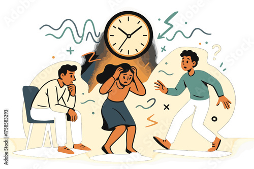 Ticking Clock Tension. Silent room tension. Glowing clock casting shadows in an empty room, abstract floating sound waves and light lines emphasizing the