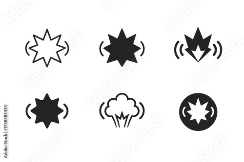 Diverse Sound Logos. Sudden loud noise. Set Logo of Sound: explosion icon. harmonious logo variations of the same emblematic concept, each with different
