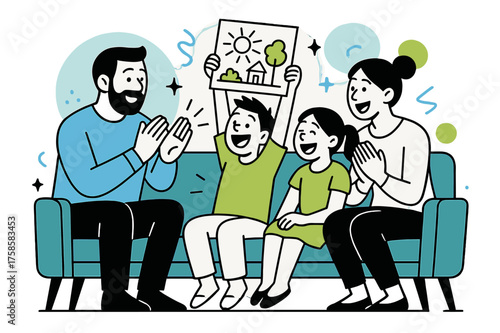 Family Storytime Joy. Family time. Parents and kids sitting together on a couch, laughing and sharing stories.