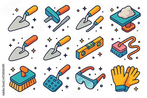 Masonry Tools Icons. Colorful isometric vector icons set of masonry hand tools: trowel, brick hammer, mason?s chisel, mortar board, jointer, pointing trowel,