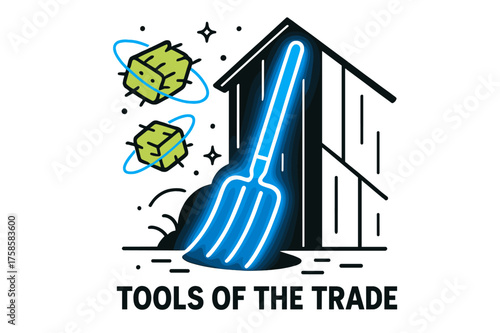 Glowing Pitchfork Art. Pitchfork handle. Abstract glowing pitchfork leaning against barn wall with floating