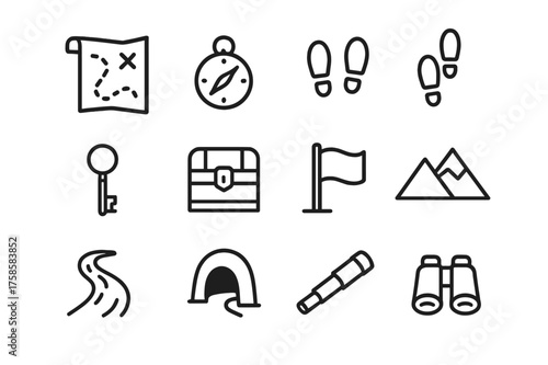 Treasure Hunt Icons. Treasure hunt. Line icon set of Treasure hunt: map, compass, X mark, footsteps, key, chest, flag, mountains, river, cave, telescope,