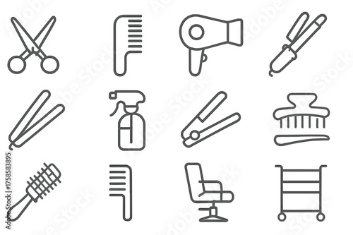 Salon Tools Icons. Salon tools. Line icon set of Salon tools: scissors, comb, hair dryer, curling iron, flat iron, spray bottle, barber razor, hair clips,