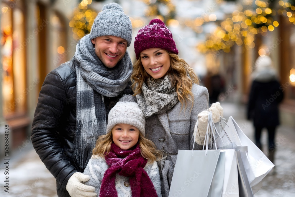 Fototapeta premium Happy family shopping for christmas gifts on a winter street