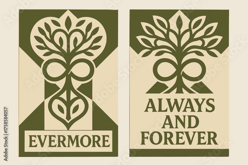 Infinity Tree Banners. Evermore. Two vertical A6 banners, geometric, olive green and cream backgrounds, stylized infinity tree with intertwined branches
