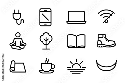Tech-Free Living Icons. Digital detox and tech-free living. Line icon set of Digital detox and tech-free living: unplugged power cord, switched off phone,