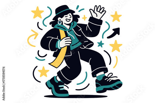 Urban Festival Vibes. Festival street fashion. A glowing character dancing at an urban music festival wearing