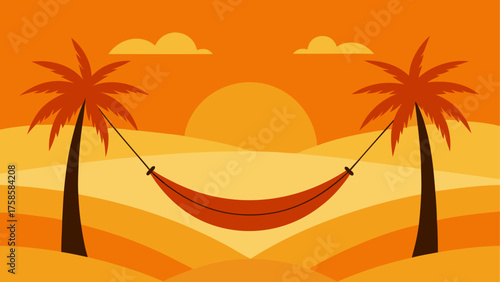 Serene tropical sunset with hammock between palm trees
